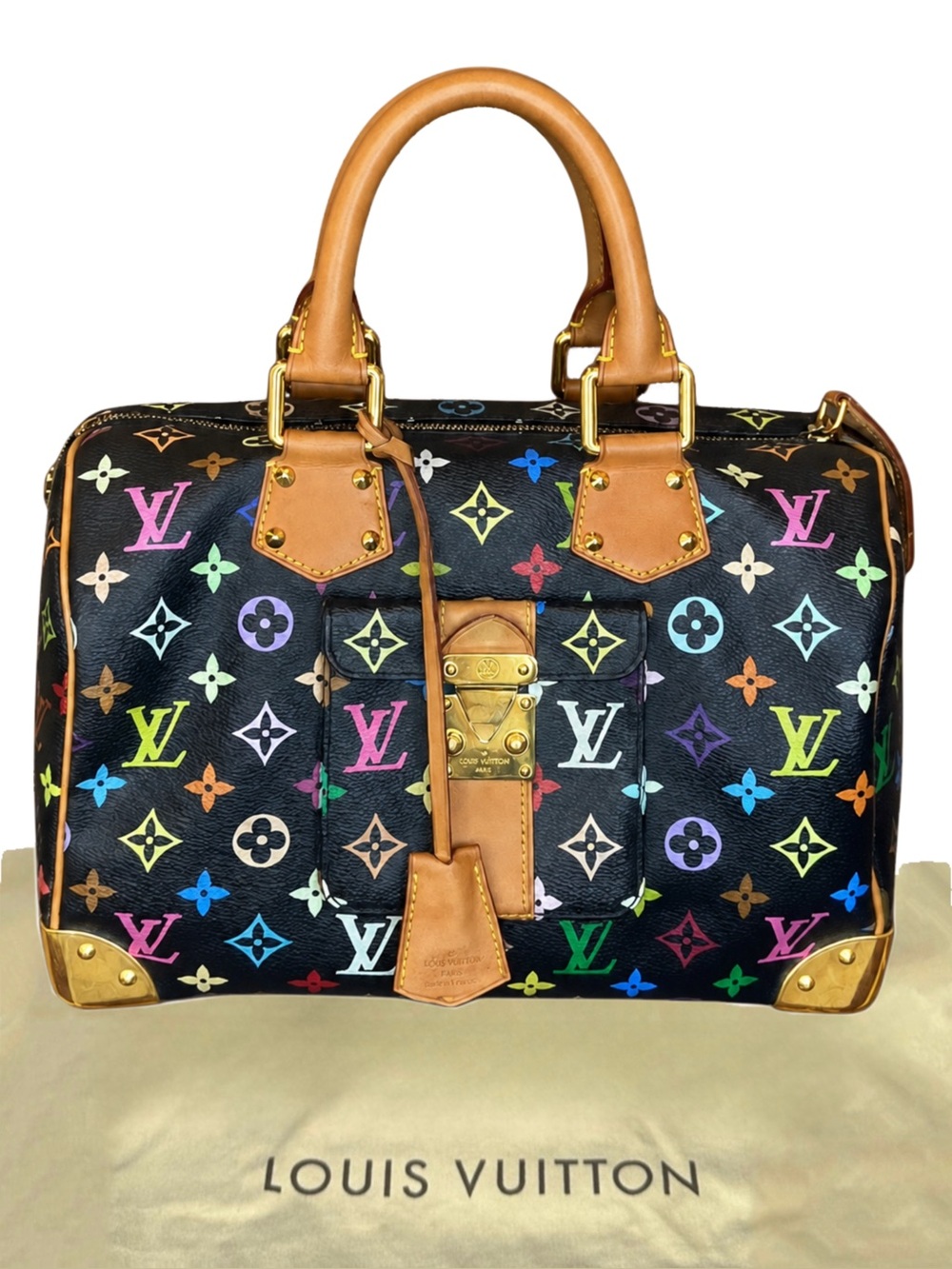 LOUIS VUITTON Black Multicolor Murakami Monogram Speedy 30 with Vachetta Trim
